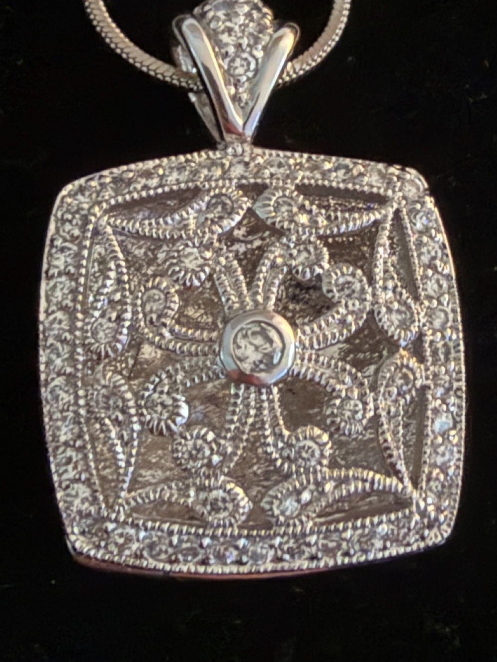 Sterling Silver Filigree Square Pendant Necklace - Silver - Picture 1 of 2